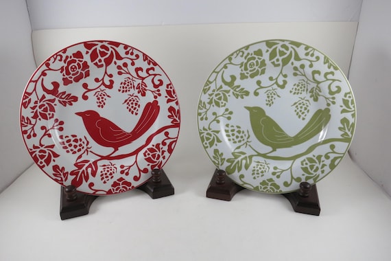 Pier 1 Bird Pattern Salad Plates, Sage Green and Red, 8 1/8 Inch