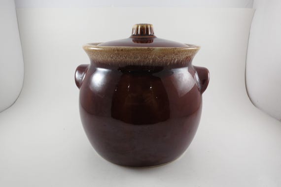 Vintage Brown & Tan Two Handled Pottery Jar with Matching Lid Marked Hull