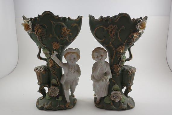 Vintage Green Porcelain Vases: Maiden by Maple Tree Figures
