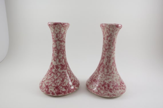 Vintage Henn Pottery Roseville Ohio Red Spongeware 5 1/2 Inch Vase Pair Excellent Condition
