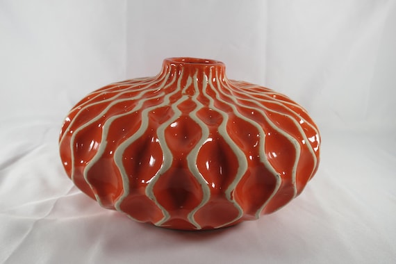 Orange & White Imax Agatha Ceramic Vase Tangerine Textured Weave Pattern