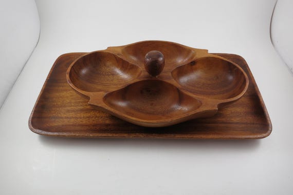 Vintage Monkey Pod Wood 4 Section Divided Bowl and Tray