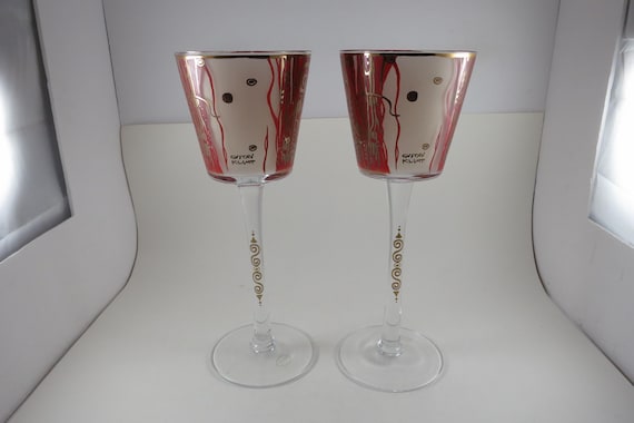 Pair of Vintage Goebel Crystal Gustav Klimt Design Cranberry Wine Glasses Artis Orbis Collection