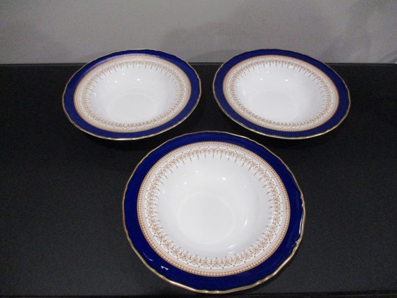 Vintage Royal Worchester Fine Bone China Cobalt Blue Regency Pattern Set of Three 8 Inch Rim Soup Bowls Excellent Used Condition