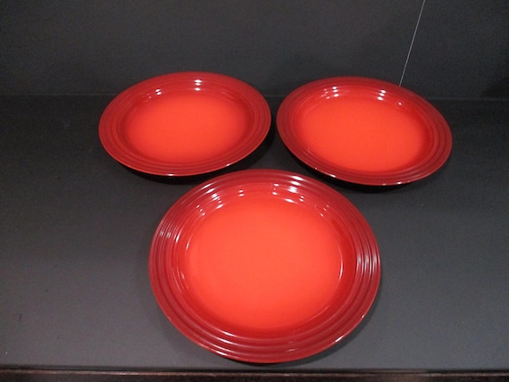Three Vintage 2002 Le Creuset Vancouver Stoneware 8 1/2 Cerise Red Salad Plates Excellent Original Condition
