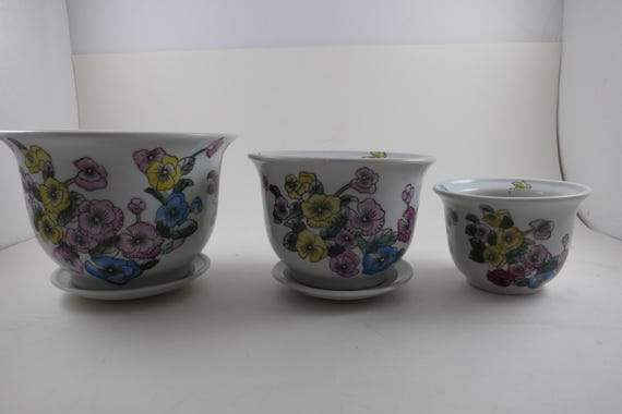 Vintage 5 Piece Matching Planter Set Porcelain Floral