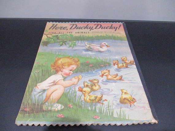 Vintage 1946 Children's Book Here Ducky Ducky Find All The Animals Cloth Farm Book Saalfield Publishing Excellent Condition