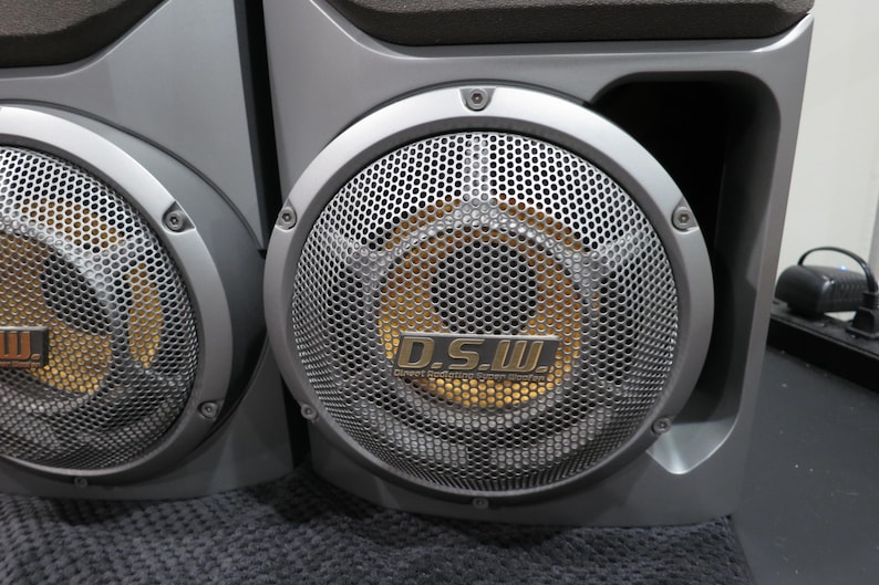 May include: Silver speaker system with two speakers. Each speaker has a silver mesh grill with the text "D.S.W." and a gold-colored speaker cone. The speakers are set in a gray cabinet.