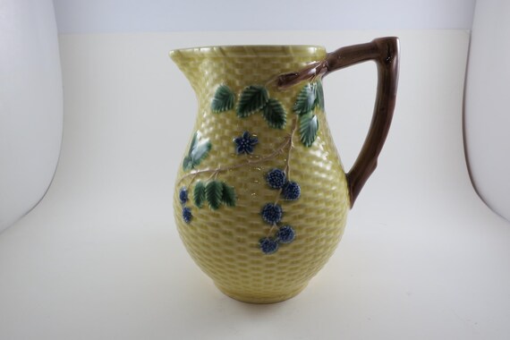 Vintage Late 90's Tiffany & Co Portugal Basketweave Blackberries Ceramic Pitcher 7 1/4 Inches Tall Majolica Style Excellent Condition