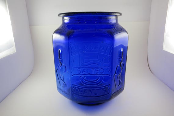 Vintage Cobalt Blue Mr. Peanut Planters Peanuts Jar Large Size Embossed Bubbled Glass