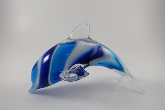 Light and Dark Blue Jumping/Diving Dolphin Art Glass Figure Paperweight Hand Blown