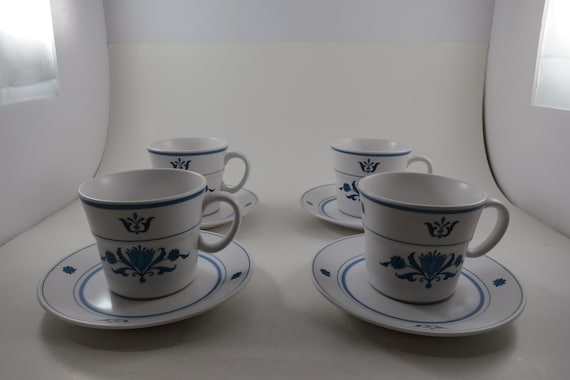 Set of Four Vintage Noritake Progression China Blue Haven Pattern 9004 Cup and Saucer Sets Like New Condition