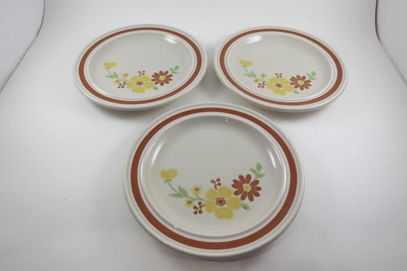 Set of Three Vintage Homer Laughlin China Brown Rim Floral Salad Lunch Plates
