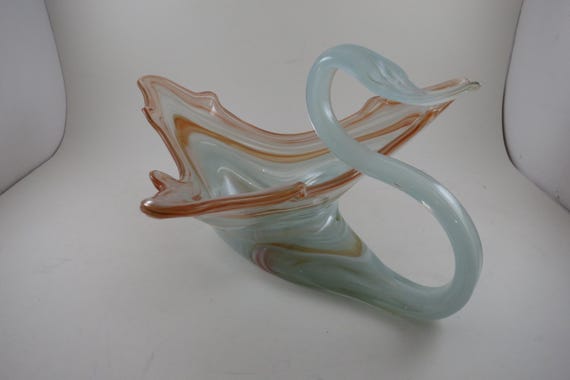 Vintage Large Blue & Orange Art Glass Swan Bowl 13 Inches Long