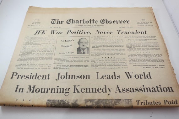 1963 JFK Assassination Newspaper: Charlotte Observer