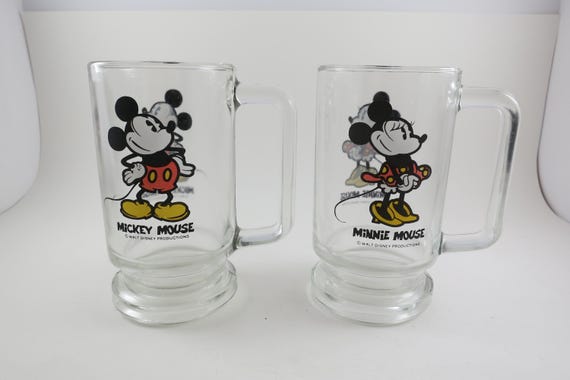 Pair of Walt Disney Productions D Handled Mugs Mickey & Minnie Mouse Excellent Condition