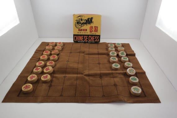 Vintage 1950's Chinese Chess Set Wood Pieces with cloth Playing Board