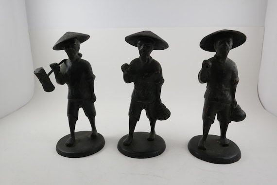 Three Vintage Bronze Asian Field Worker Figures 6 1/2 Inches Tall Marked Very Good Condition