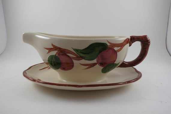 Vintage Franciscan Earthenware Apple Pattern 6 5/8 Inch Gravy Boat with Attached Tray