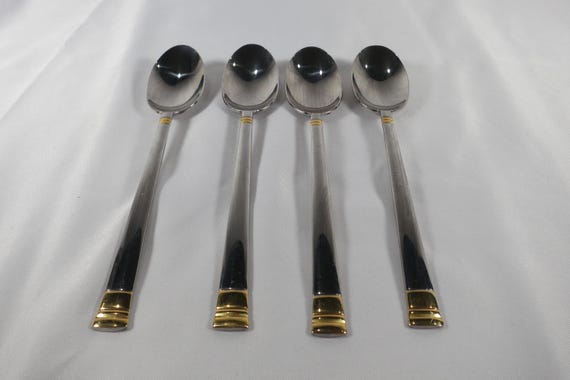 Oneida Golden Astragal Flatware 18/10 Stainless 24K Bands Set of 4 Teaspoons