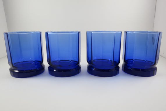 Vintage Anchor Hocking Essex Cobalt Blue 10 Panel Double Old Fashioned Glasses Set of 4