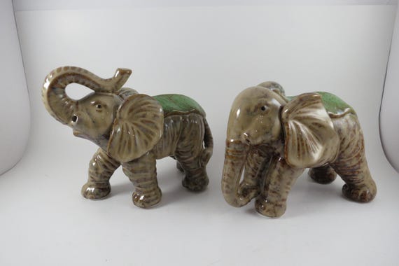 Pair of Vintage Brown & Green Ceramic Elephant Figures 7 Inches Trunk Up Down