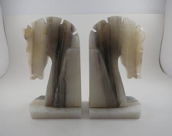 Onyx Marble White & Gray Horse Head Bookends