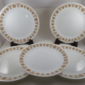 May include: A set of five white dinner plates featuring a repeating gold-toned floral pattern along the outer rim. The plates are circular with a smooth, glossy finish and a wide, plain white center, arranged in a group of two upright and three flat.