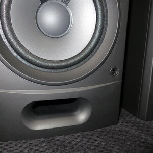 May include: Two dark grey speakers with a circular speaker cone and a rounded rectangular port. The speakers have a matte finish and are positioned side by side, suggesting a stereo pair for audio playback.
