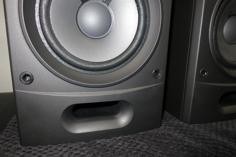May include: Two dark grey speakers with a circular speaker cone and a rounded rectangular port. The speakers have a matte finish and are positioned side by side, suggesting a stereo pair for audio playback.