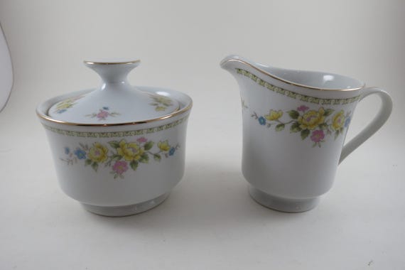 Dover Gardens by Sears Pink Yellow Floral China Cream and Sugar with Lid Set