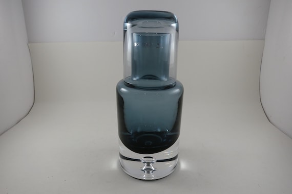 Vintage Krosno Poland Hand Blown Art Glass Decanter & Tumbler Set Ice Blue