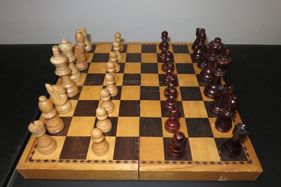 Vintage Carved Wood Chess Set with Folding Board (11X11)