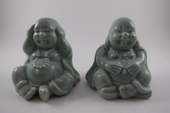 Pair of Vintage Green Buddha Salt and Pepper Shakers
