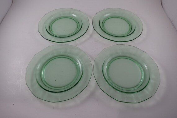 Set of Four Vintage Green Depression Glass 6 Inch Bread Plates