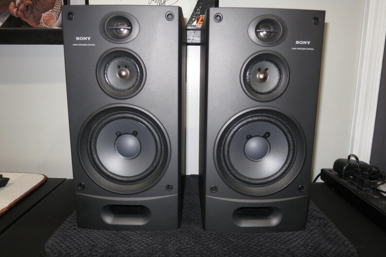 May include: A pair of black Sony speakers. Each speaker has a three-way design, with a large central woofer, a mid-range speaker, and a tweeter. The speakers are rectangular with a small rectangular port at the bottom.