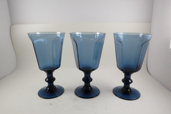 Vintage Blue Paneled Water Goblets - Set of Three