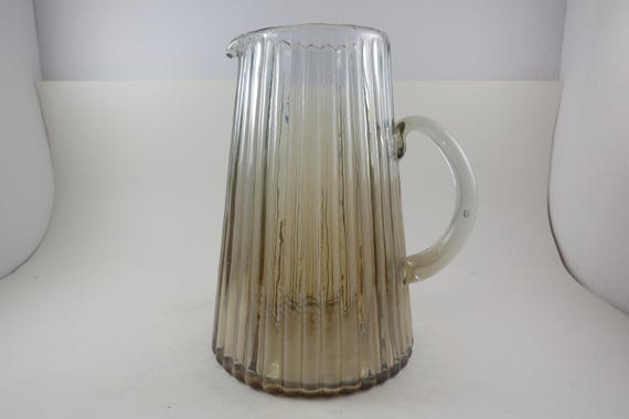 Vintage Brown Tint Ribbed Glass Pitcher with Applied Handle 8.5 Tall
