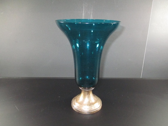 Fabulous 9 Inch Vintage Gorham Sterling Silver Green Teal Glass Trumpet Vase 1940's Excellent Original Condition