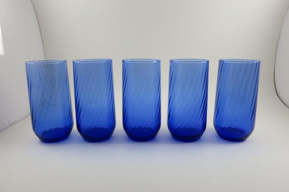 Vintage Cobalt Blue Swirl Tumbler Glasses - Set of 5