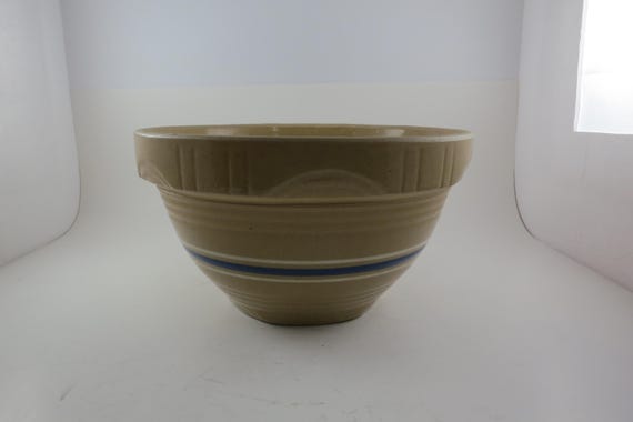 Antique Brown Pottery Mixing Bowl Blue & White Stripe 9 1/2 Inches Diameter Excellent Condition Made in USA
