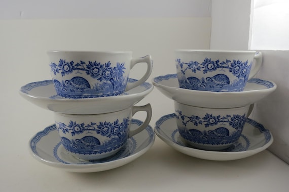Vintage Set of Four Mason's Quail Blue & White England Cup and Saucer Sets