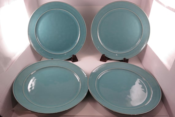 Set of Four Vintage Pottery Barn Cambria Turquoise 11 3/4 Inch Dinner Plates