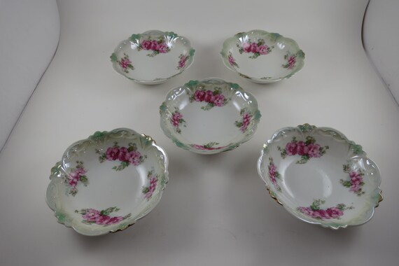 Set of Five Early Century MZ Austria Wheelock Vienna Pink Rose Hand Painted Bowls