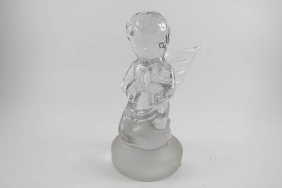 Handmade Crystal Praying Angel Figure - Frosted Base, 5.5" Tall