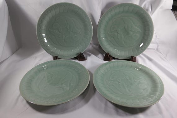 MCM Chinese Longquan Jade Celadon Koi Fish 10 Inch Dinner Plates Set of 4
