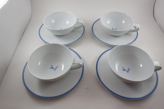 Calvin Klein Birch Band Cup and Saucer Set of Four, Blue Trim