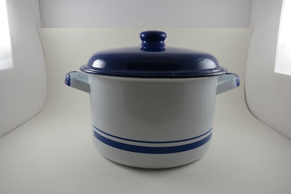 Vintage White and Blue Enamel Stock Pot with Lid