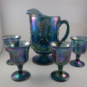 Carnival Glass Pitcher Set: Indiana Glass Grapes Pattern, 5-Piece Purple Blue