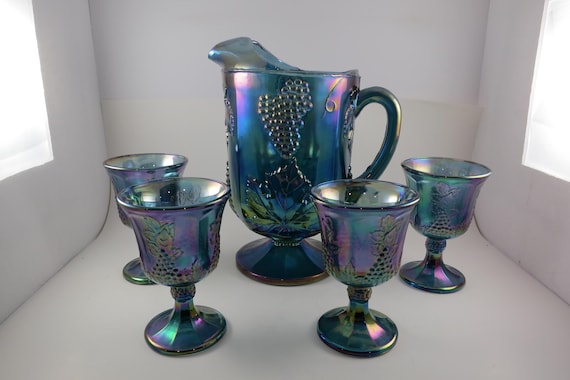 Carnival Glass Pitcher Set: Indiana Glass Grapes Pattern, 5-Piece Purple Blue